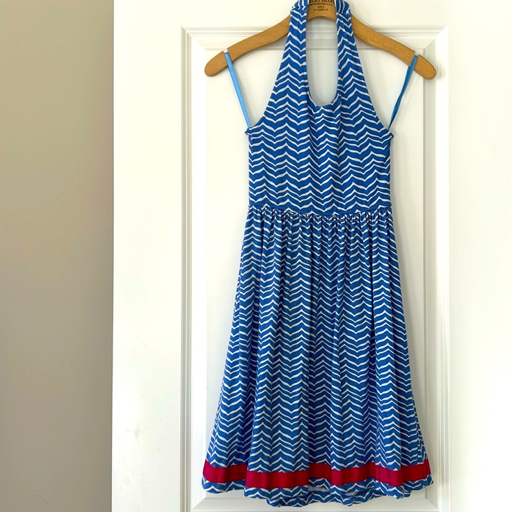 Vineyard Vines Girl's Lg. Halter Dress Blue Chevron Stripes +Pink Grosgrain Trim
